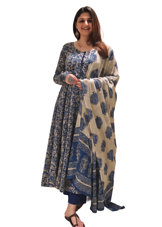 Blue Printed Viscose Anarkali Kurta Set with Pants & Dupatta