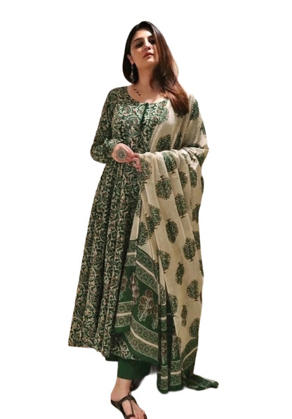 Green Printed Viscose Anarkali Kurta Set with Pants & Dupatta