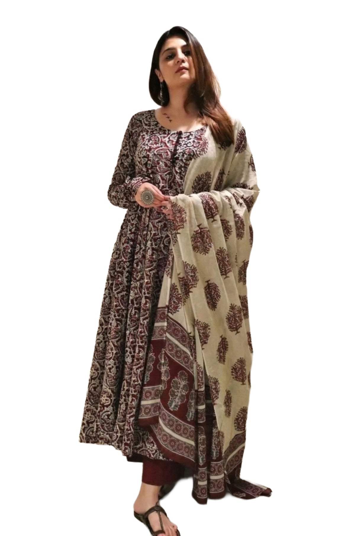 Maroon Printed Viscose Anarkali Kurta Set with Pants & Dupatta