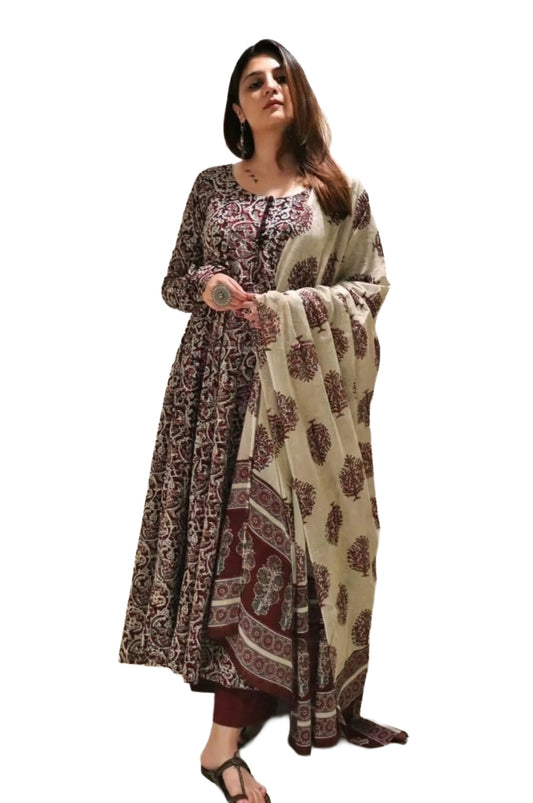 Maroon Printed Viscose Anarkali Kurta Set with Pants & Dupatta