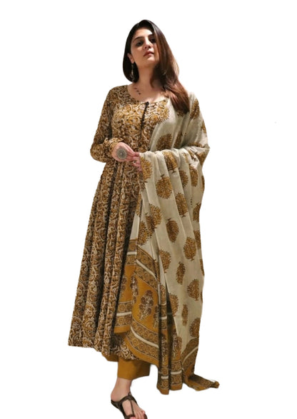 Yellow Printed Viscose Anarkali Kurta Set with Pants & Dupatta
