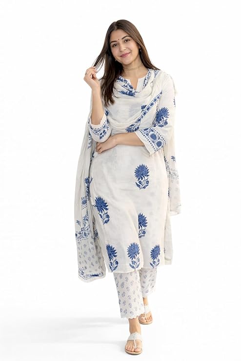 White Printed Viscose Straight Kurta Set with Pants & Dupatta