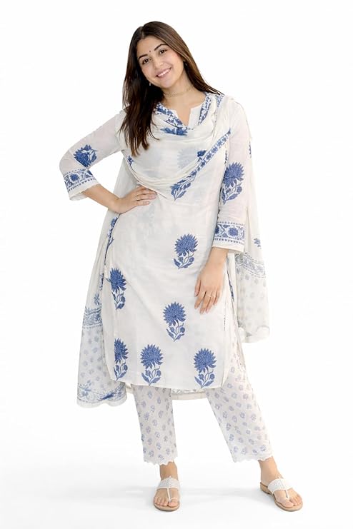 White Printed Viscose Straight Kurta Set with Pants & Dupatta