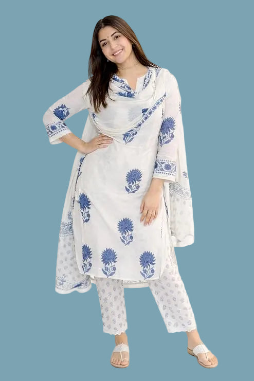 White Printed Viscose Straight Kurta Set with Pants & Dupatta