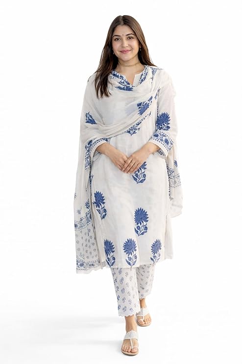 White Printed Viscose Straight Kurta Set with Pants & Dupatta