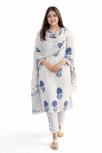 White Printed Viscose Straight Kurta Set with Pants & Dupatta