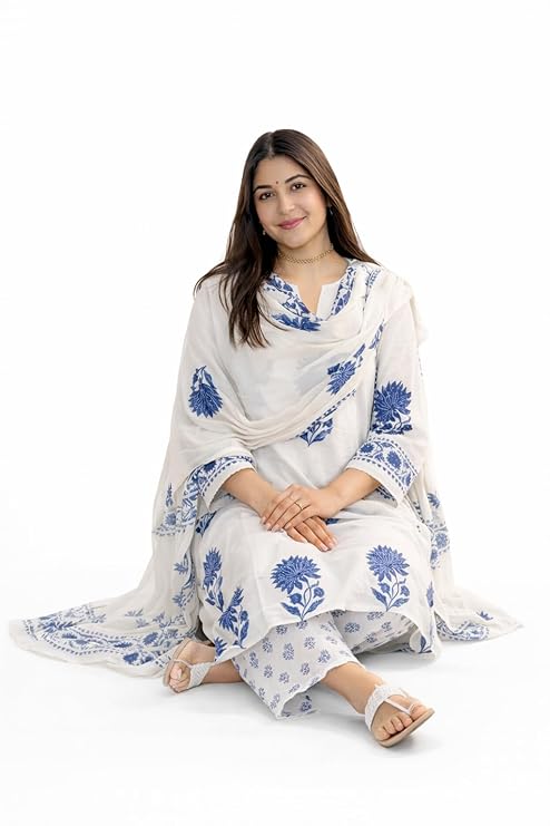 White Printed Viscose Straight Kurta Set with Pants & Dupatta