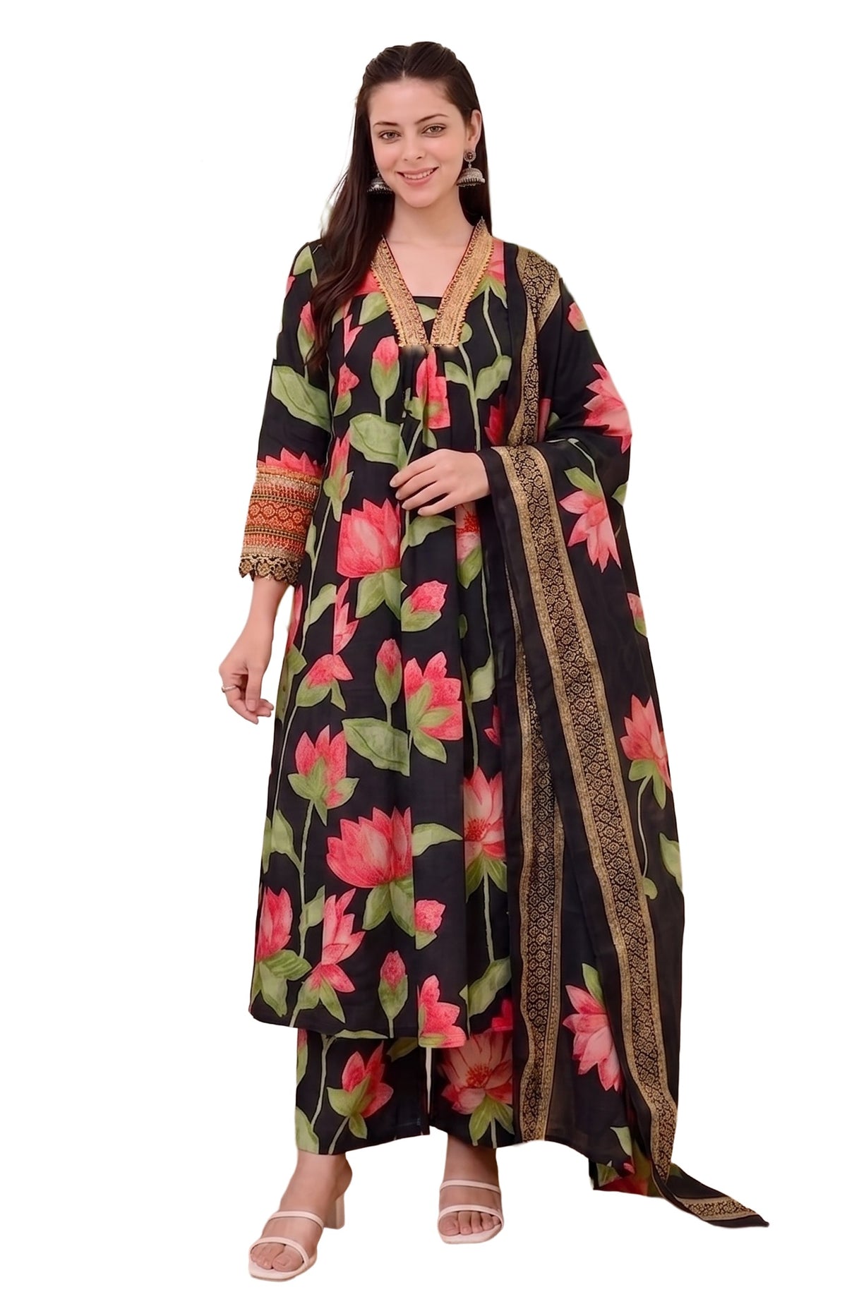 Black Printed Viscose Anarkali Kurta Set with Pants & Dupatta