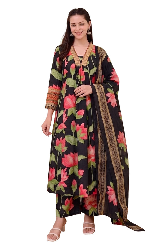 Black Printed Viscose Anarkali Kurta Set with Pants & Dupatta