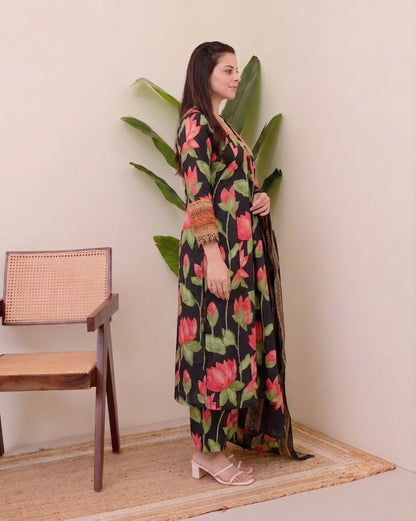 Black Printed Viscose Anarkali Kurta Set with Pants & Dupatta