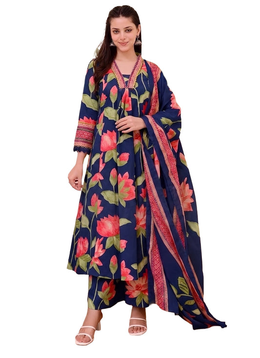 Blue Printed Viscose Anarkali Kurta Set with Pants & Dupatta