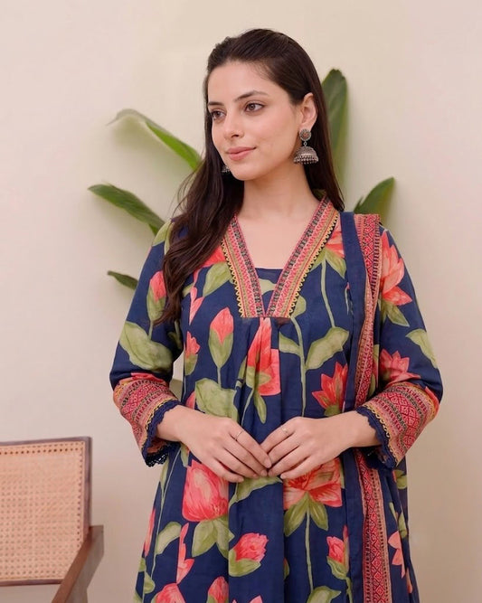 Blue Printed Viscose Anarkali Kurta Set with Pants & Dupatta