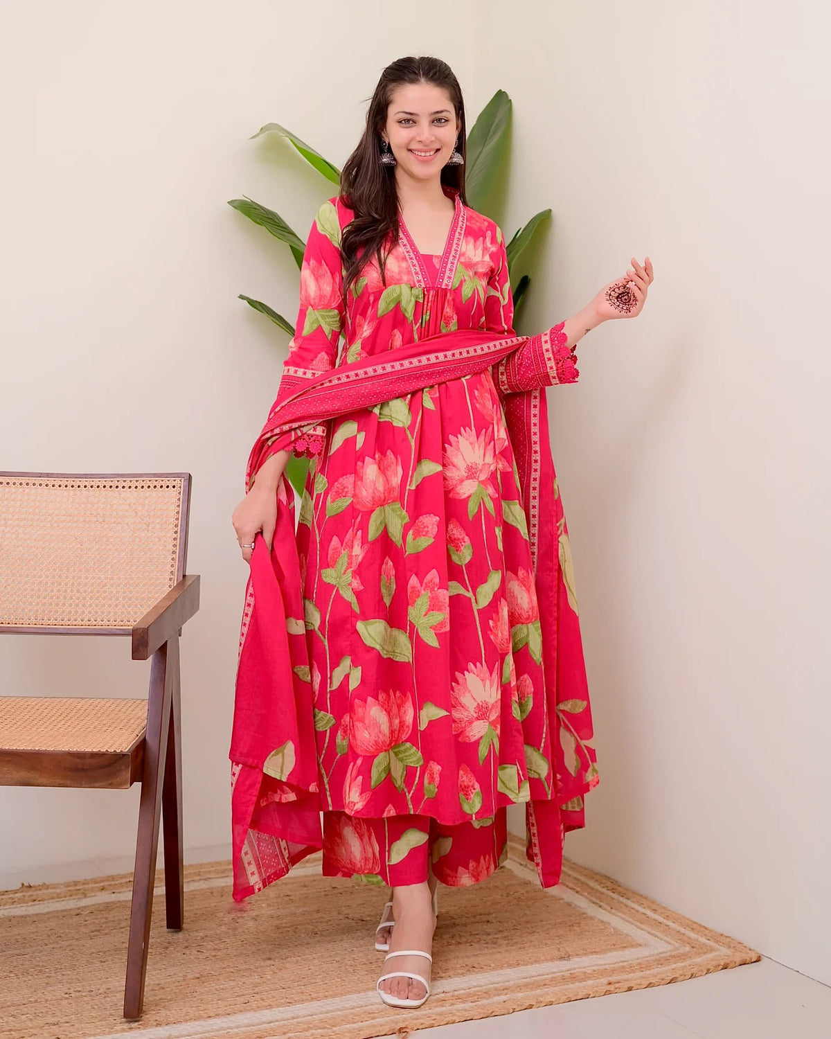 Pink Printed Viscose Anarkali Kurta Set with Pants & Dupatta