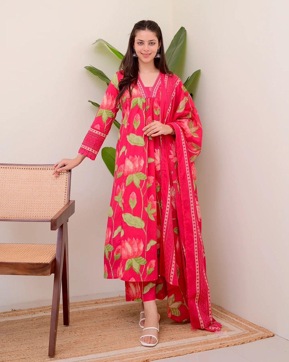 Pink Printed Viscose Anarkali Kurta Set with Pants & Dupatta