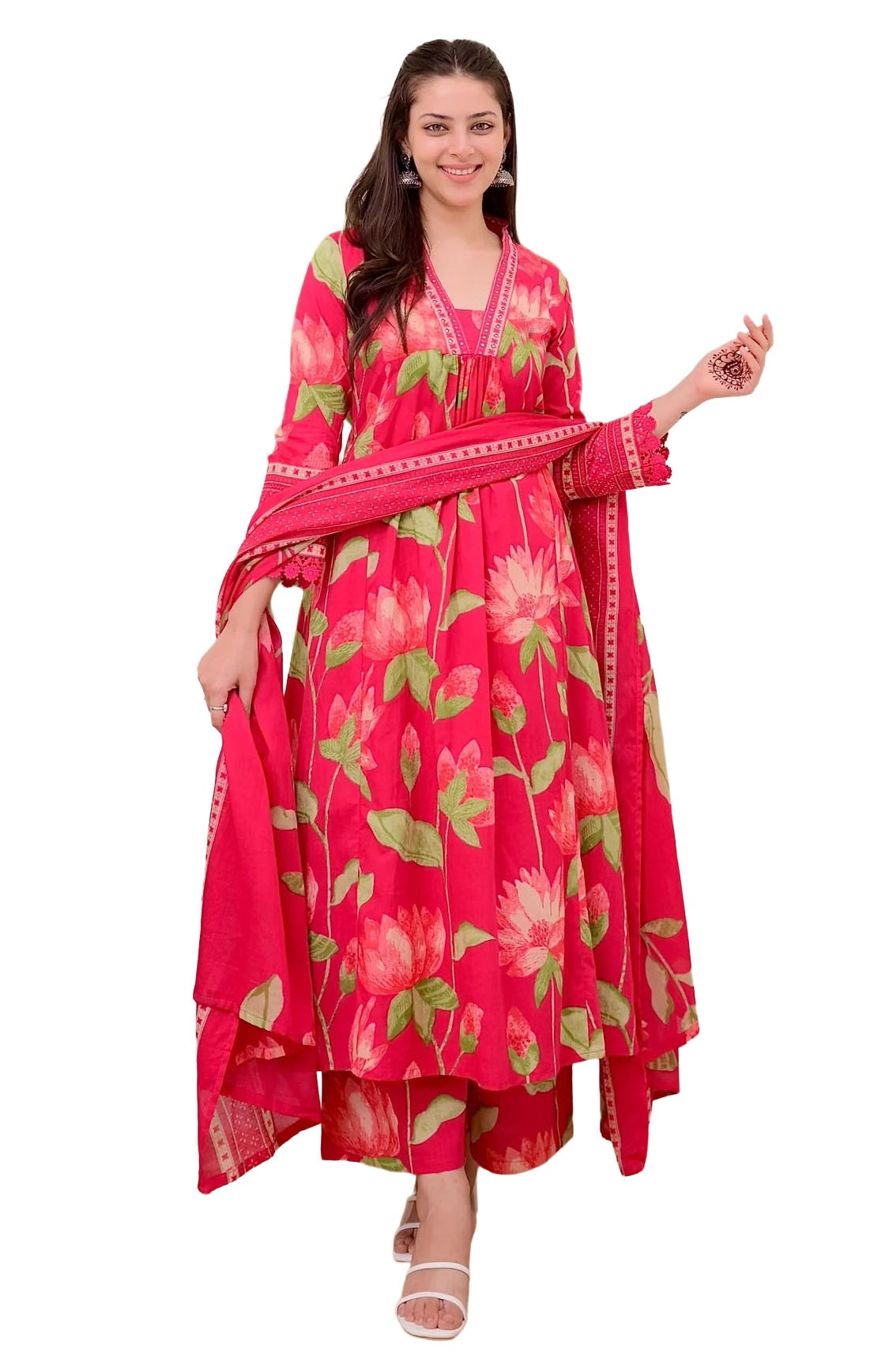 Pink Printed Viscose Anarkali Kurta Set with Pants & Dupatta