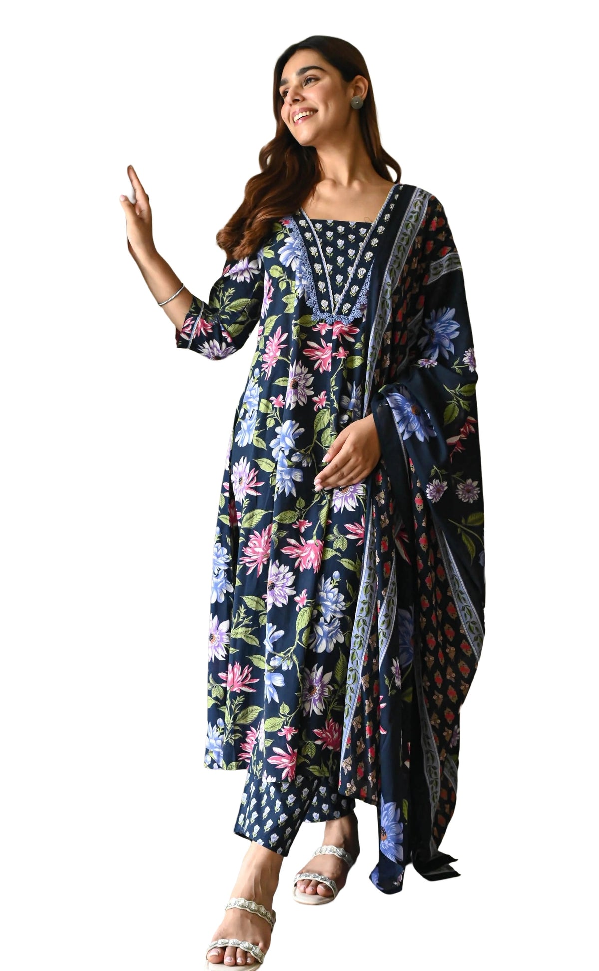 Navy Blue Floral Printed Viscose Kurta Pant Dupatta Set