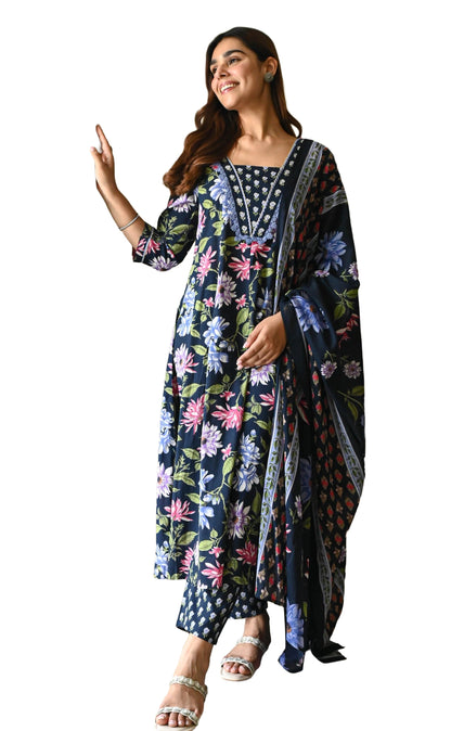 Navy Blue Floral Printed Viscose Kurta Pant Dupatta Set