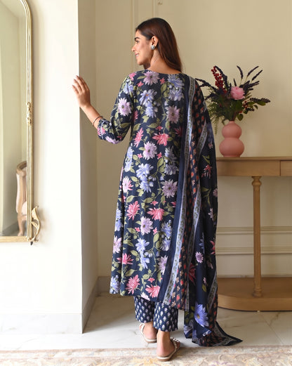 Navy Blue Floral Printed Viscose Kurta Pant Dupatta Set
