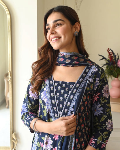 Navy Blue Floral Printed Viscose Kurta Pant Dupatta Set