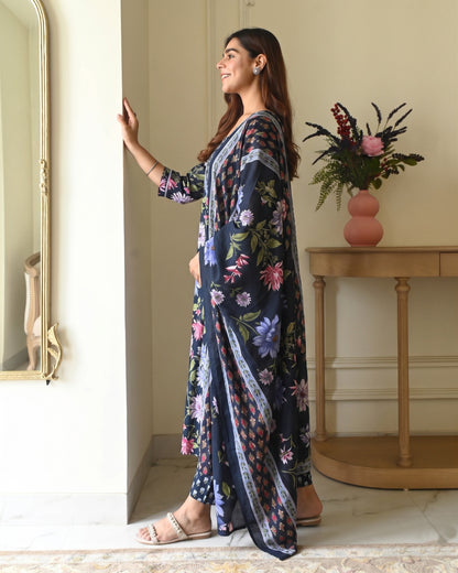 Navy Blue Floral Printed Viscose Kurta Pant Dupatta Set