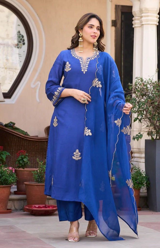 Blue Printed Viscose Anarkali Kurta Set with Pants & Dupatta