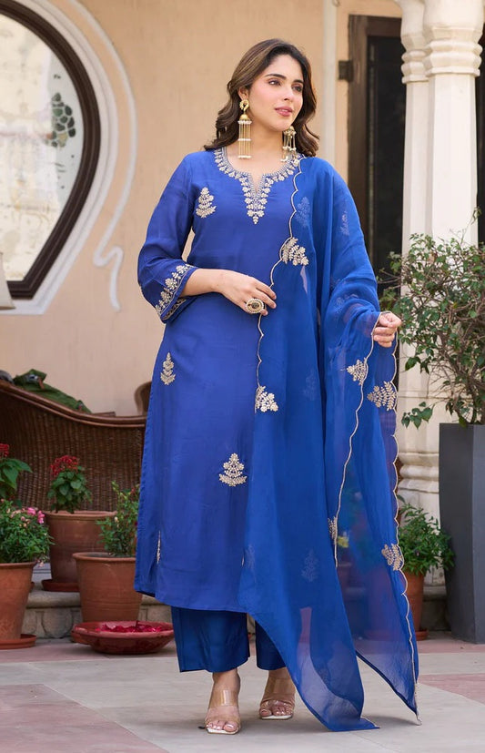Blue Printed Viscose Anarkali Kurta Set with Pants & Dupatta
