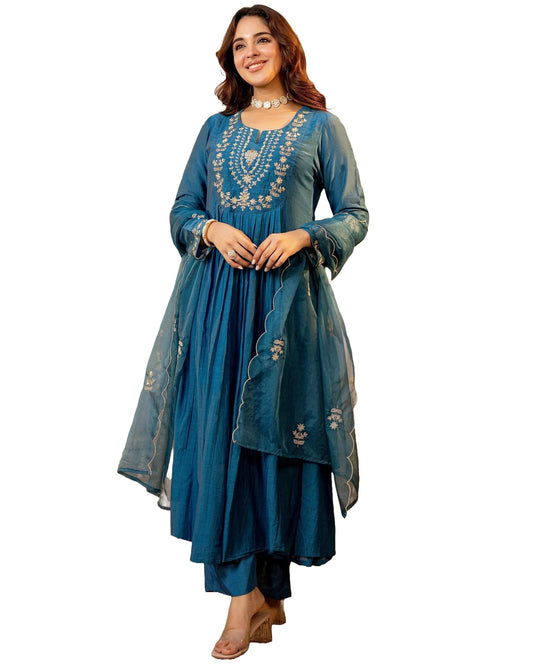 Peach Printed Viscose Anarkali Kurta Set with Pants & Dupatta