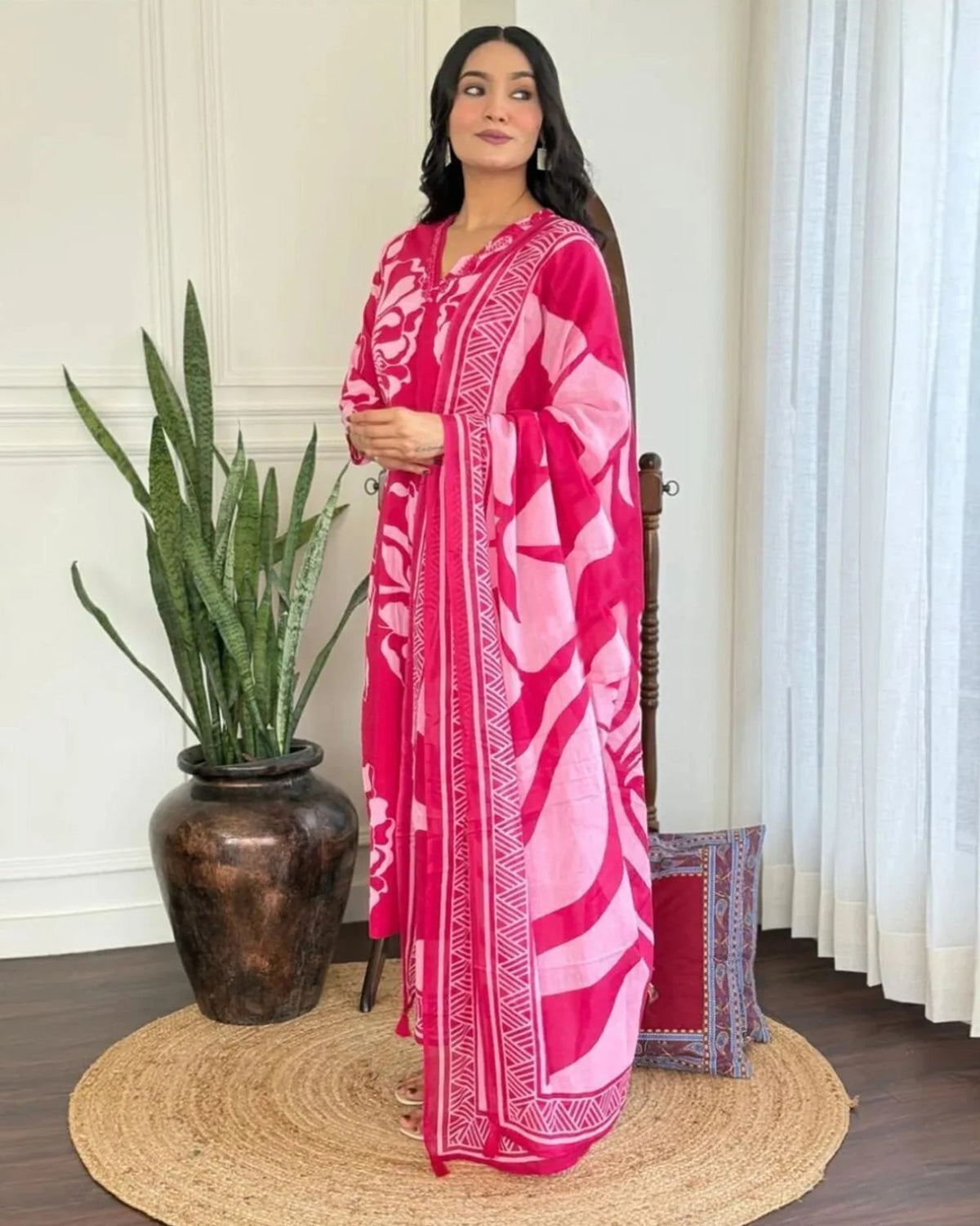 Pink Printed Viscose Kurta Set with Pants & Dupatta