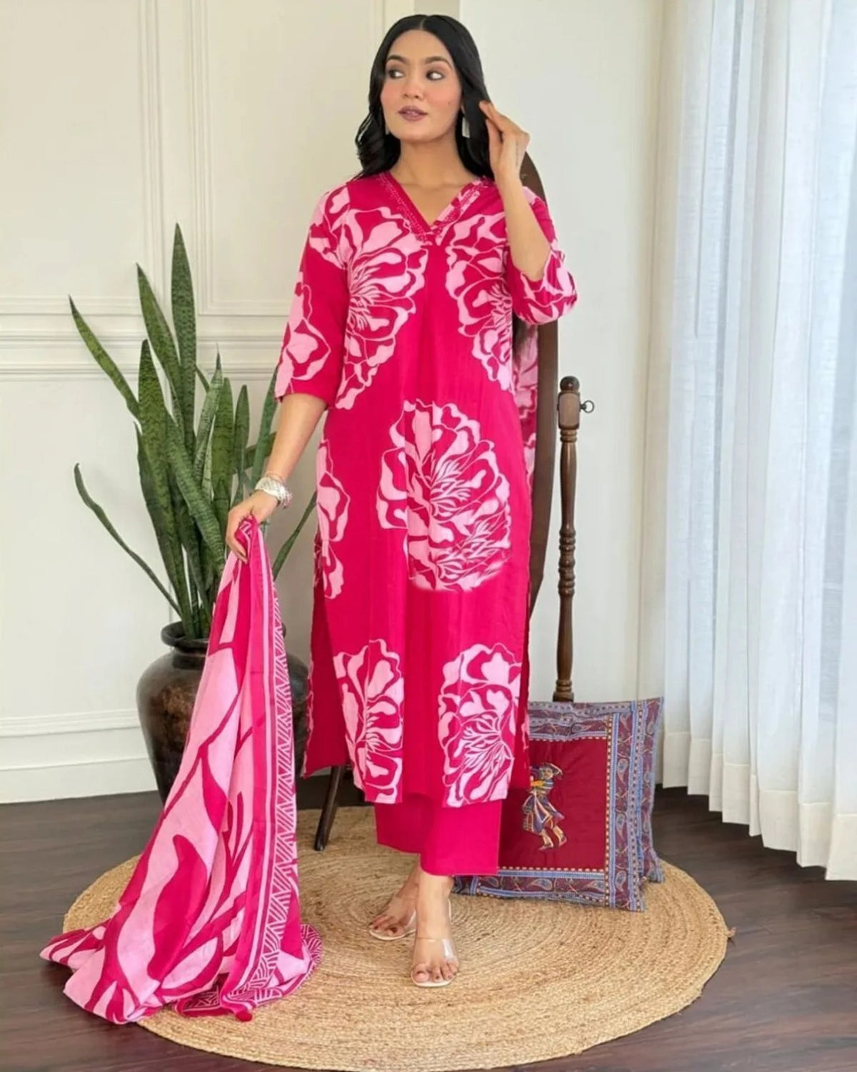 Pink Printed Viscose Kurta Set with Pants & Dupatta