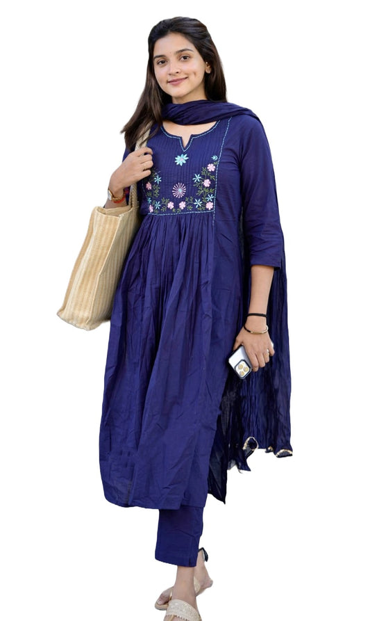 Blue Printed Viscose Kurta Set with Pants & Dupatta
