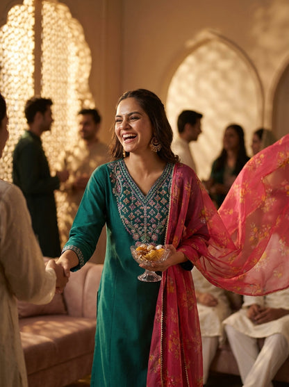 Kayra Green Multicolor Embroidered Chinnon Silk Suit Set - Straight Fit