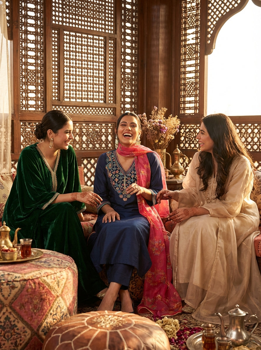 Kayra Navy Multicolor Embroidered Chinnon Silk Suit Set - Straight Fit