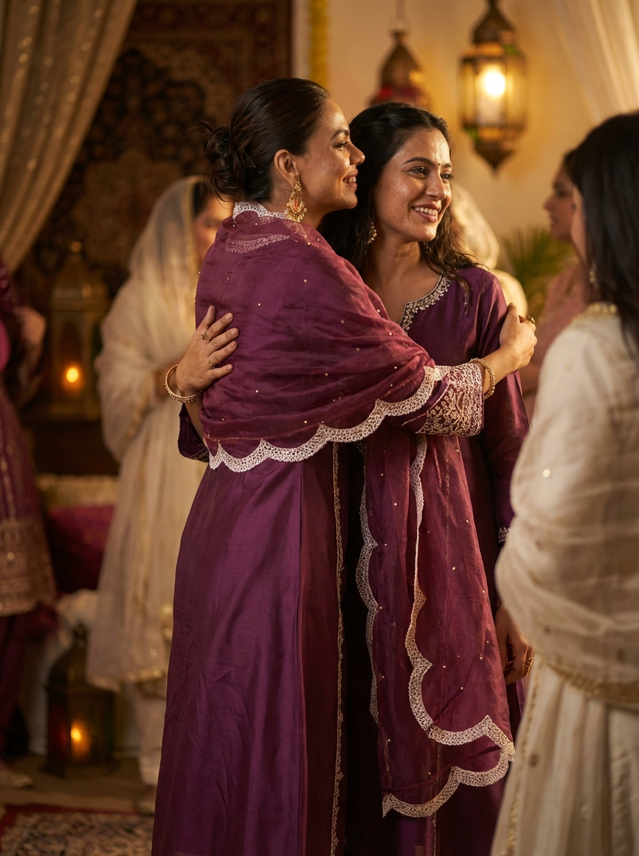 Kayra Wine Aari Embroidered Chinnon Silk A-Line Suit Set with Cotton Lining