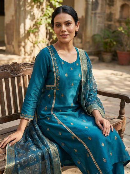 Kayra Teal Sequins A-Line Suit Set - Chinnon Silk with Cotton Lining
