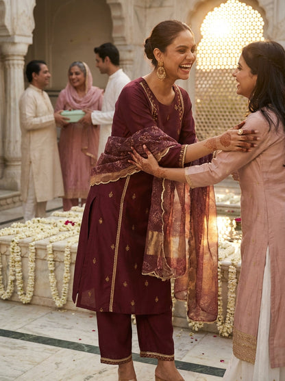 Kayra Maroon Sequins A-Line Suit Set with Lace Borders - Chinnon Silk