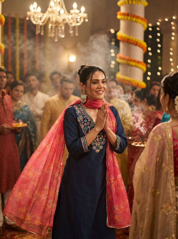 Kayra Navy Multicolor Embroidered Chinnon Silk Suit Set - Straight Fit