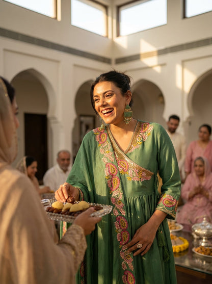 Kayra Green Paisley Embroidered Angrakha Suit Set - Chinnon Silk