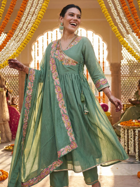 Kayra Green Paisley Embroidered Angrakha Suit Set - Chinnon Silk