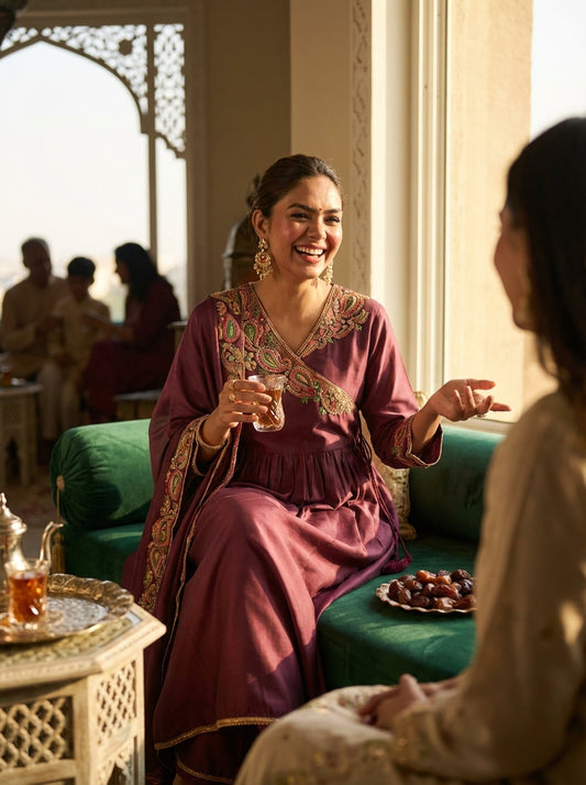 Kayra Wine Paisley Embroidered Sequin Angrakha Silk Suit Set