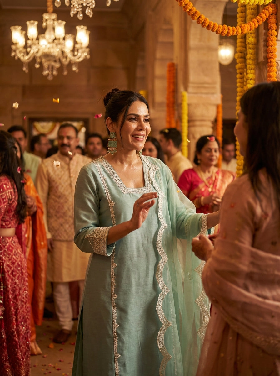 Kayra Aqua Aari Embroidered Chinnon Silk A-Line Suit Set with Cotton Lining