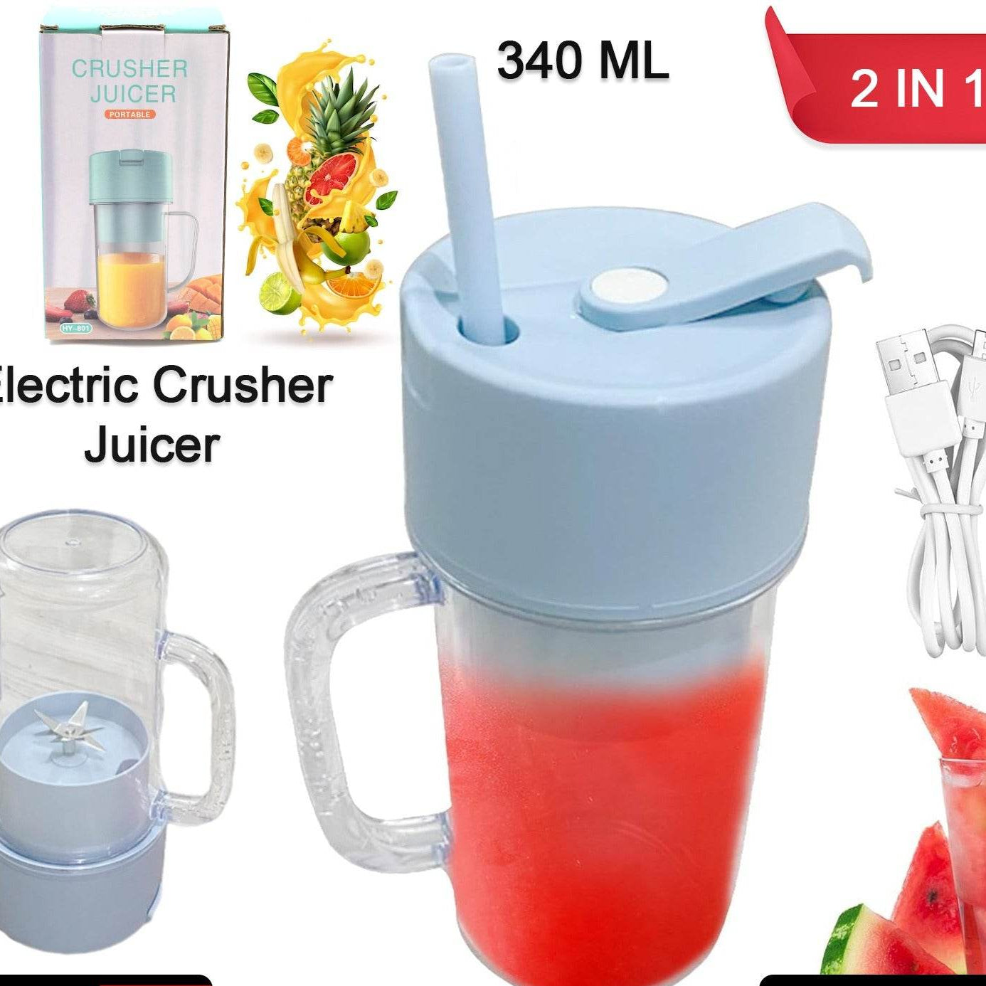2 In 1 Portable Crusher Juicer With Handle Straw For Smoothie Sipper Usb Rechargeable - warehousetech13