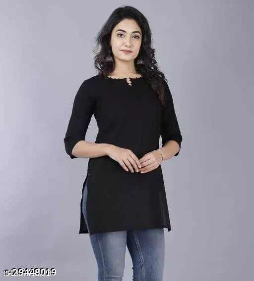 Black Women Cotton 3/4th Sleeve V-neck Short Kurta - warehousetech13