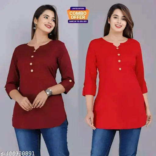 Pack 2 Stylish Women's Crepe Printed Straight Top Tunic Kurti - warehousetech13