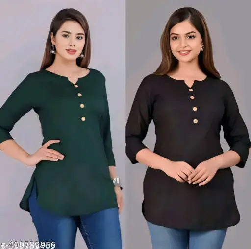 Set 2 Women's Crepe Printed Straight Top Tunic Kurti - warehousetech13
