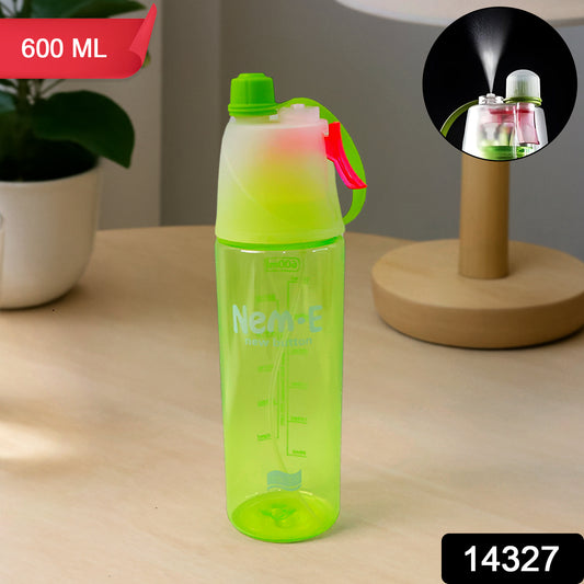 Plastic Dual Function Sports Water Bottle With Built-in Mist Spray And Leakproof Cap (600ml 1 Pc) - warehousetech13