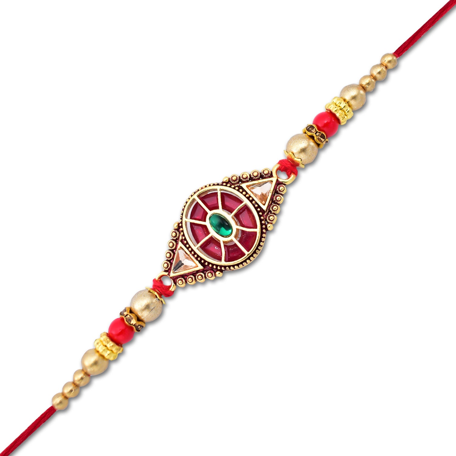 Royal Designer Rakhi With Kundan Centerpiece Red Green Enamel Work And Golden Beads - warehousetech13