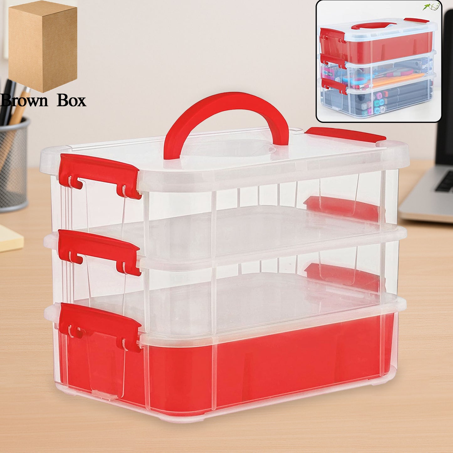 3-layer Multi-purpose Transparent Plastic Storage Carry Box With Handle - warehousetech13