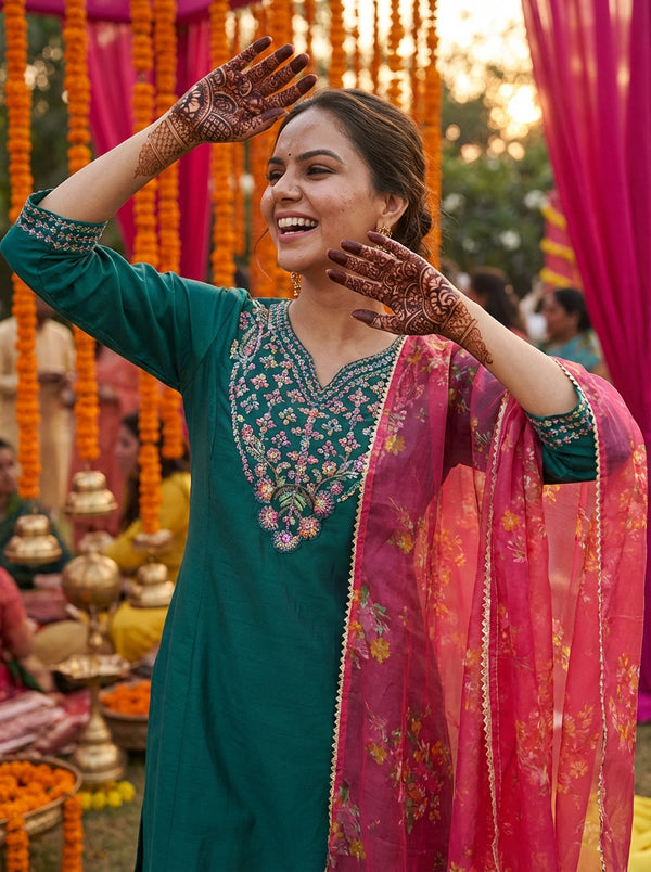 Kayra Green Multicolor Embroidered Chinnon Silk Suit Set - Straight Fit