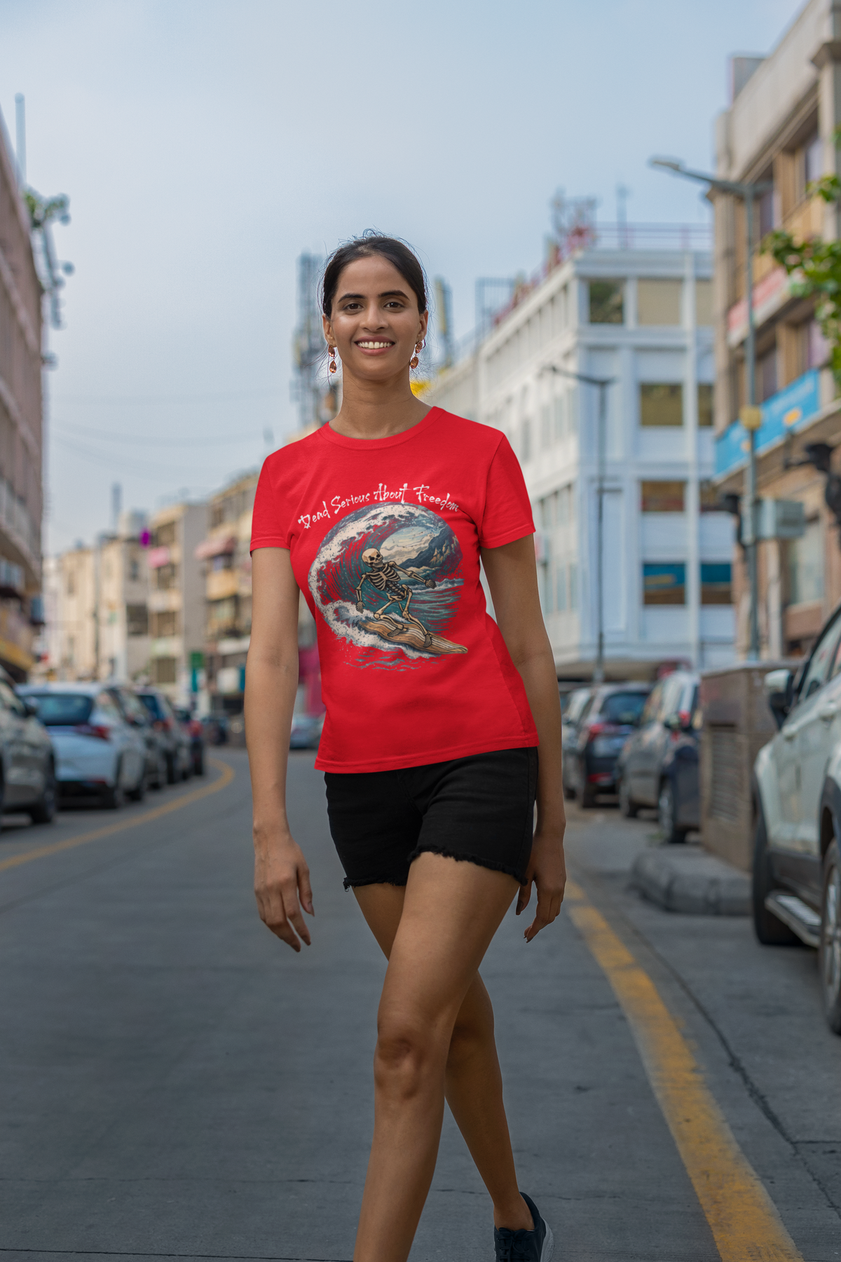 Dead Serious About Freedom Surfing Skeleton T-Shirt - Red