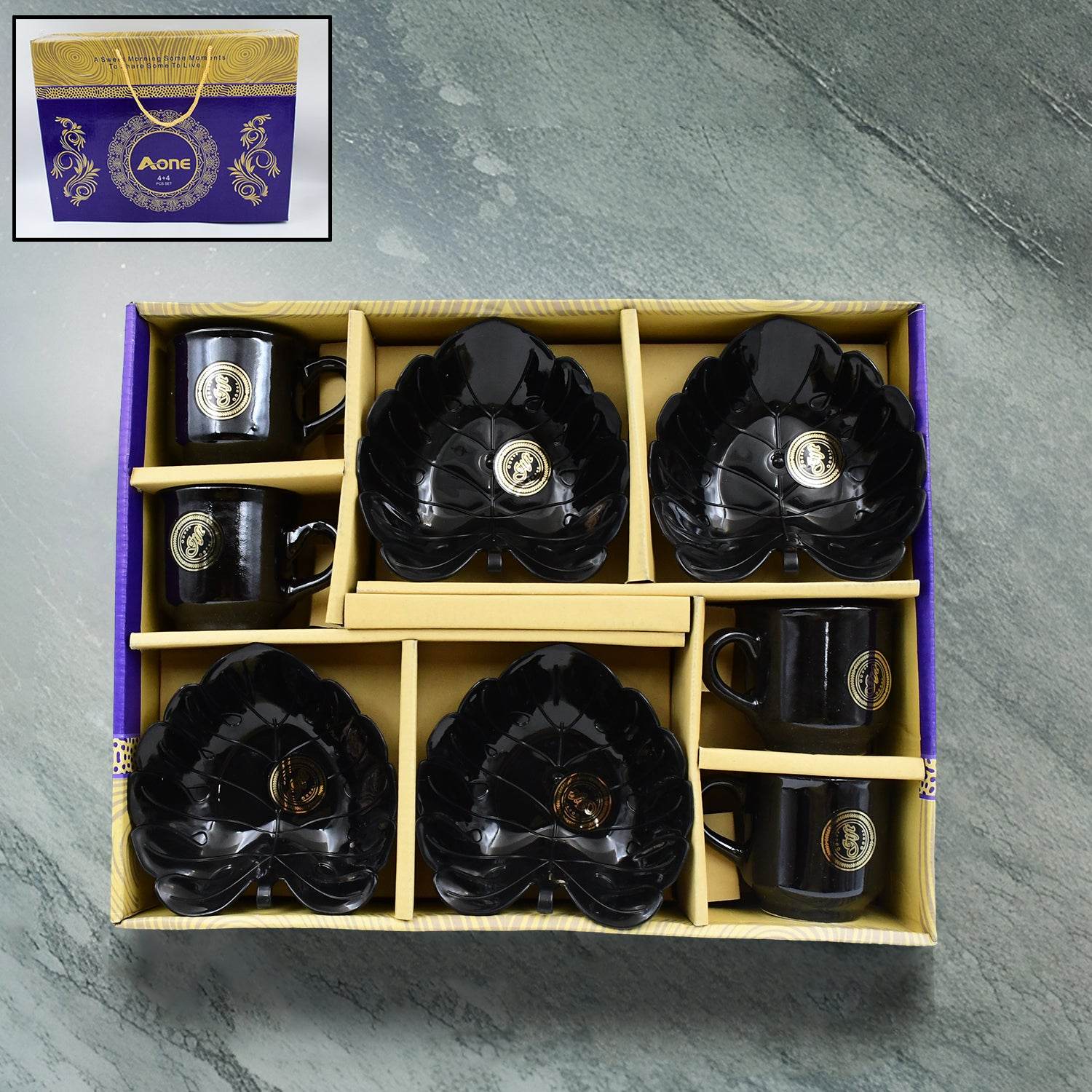 A One Ceramic Tea Cups Mug Set With Leaf Shape Serving Bowl (8 Pcs Set) - warehousetech13
